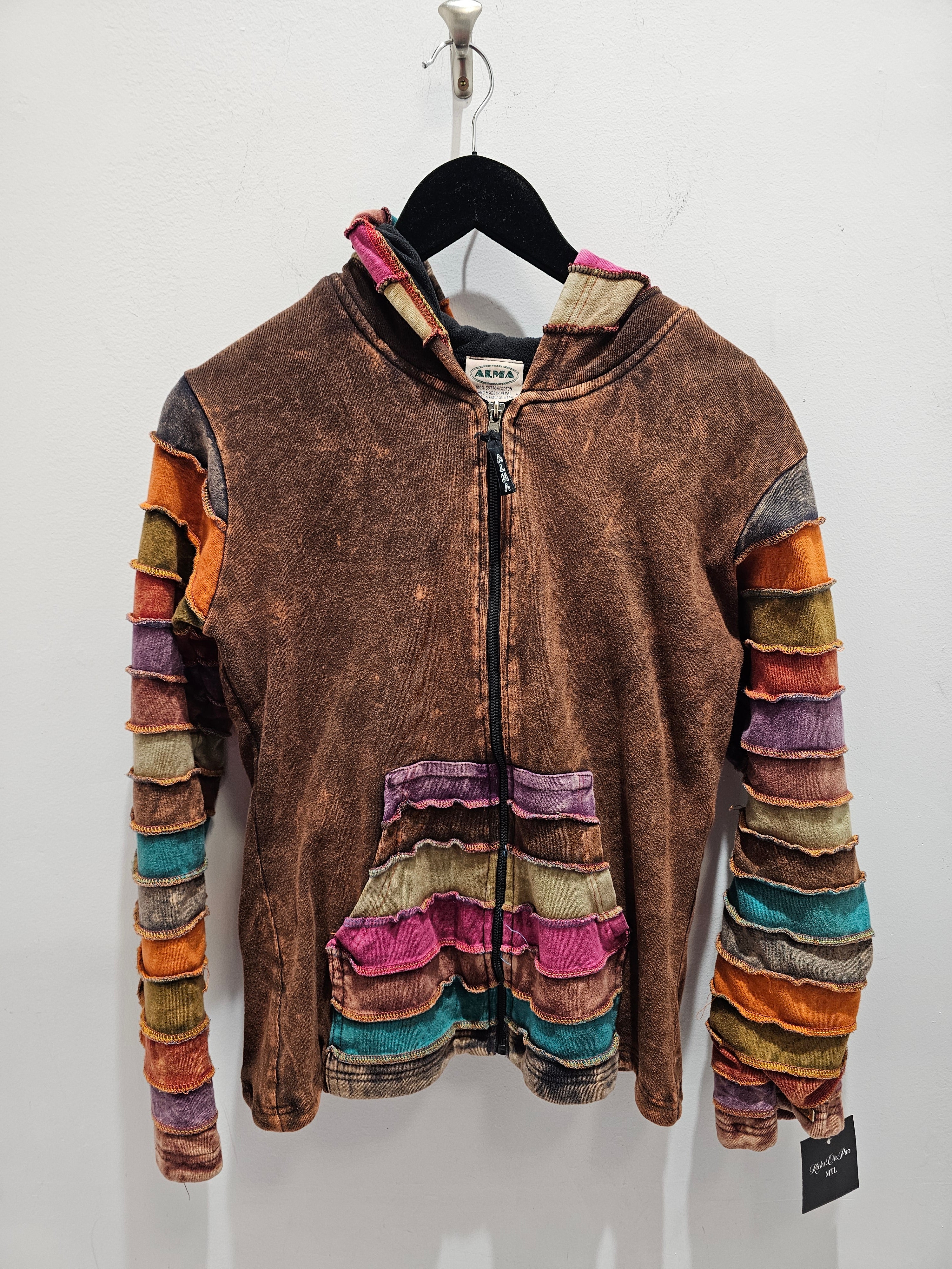 Vintage Alma boho hippie multicolored striped Patchwork hoodie