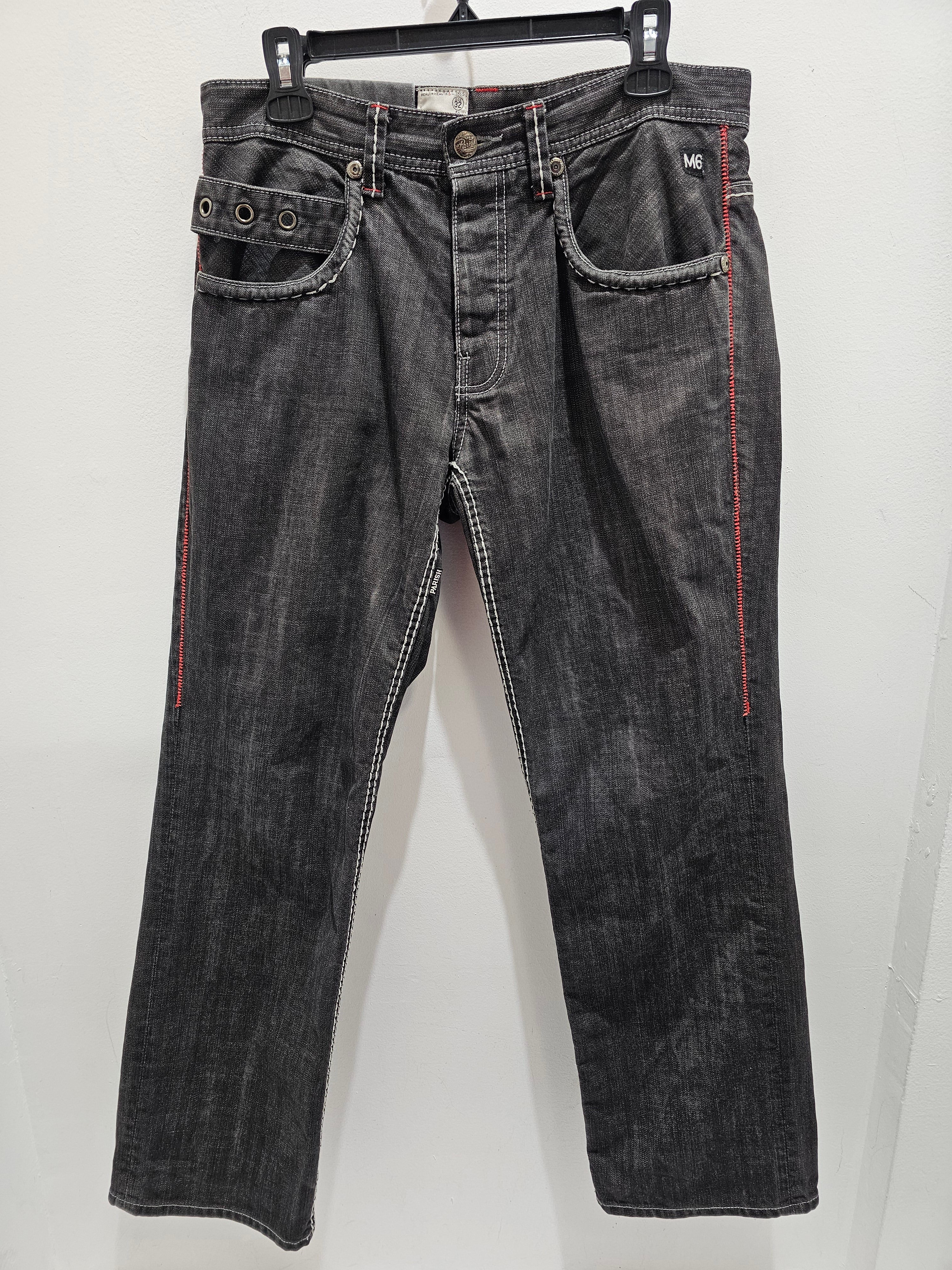Y2k Parish Nation M6 red white contrast dark wash denim pants