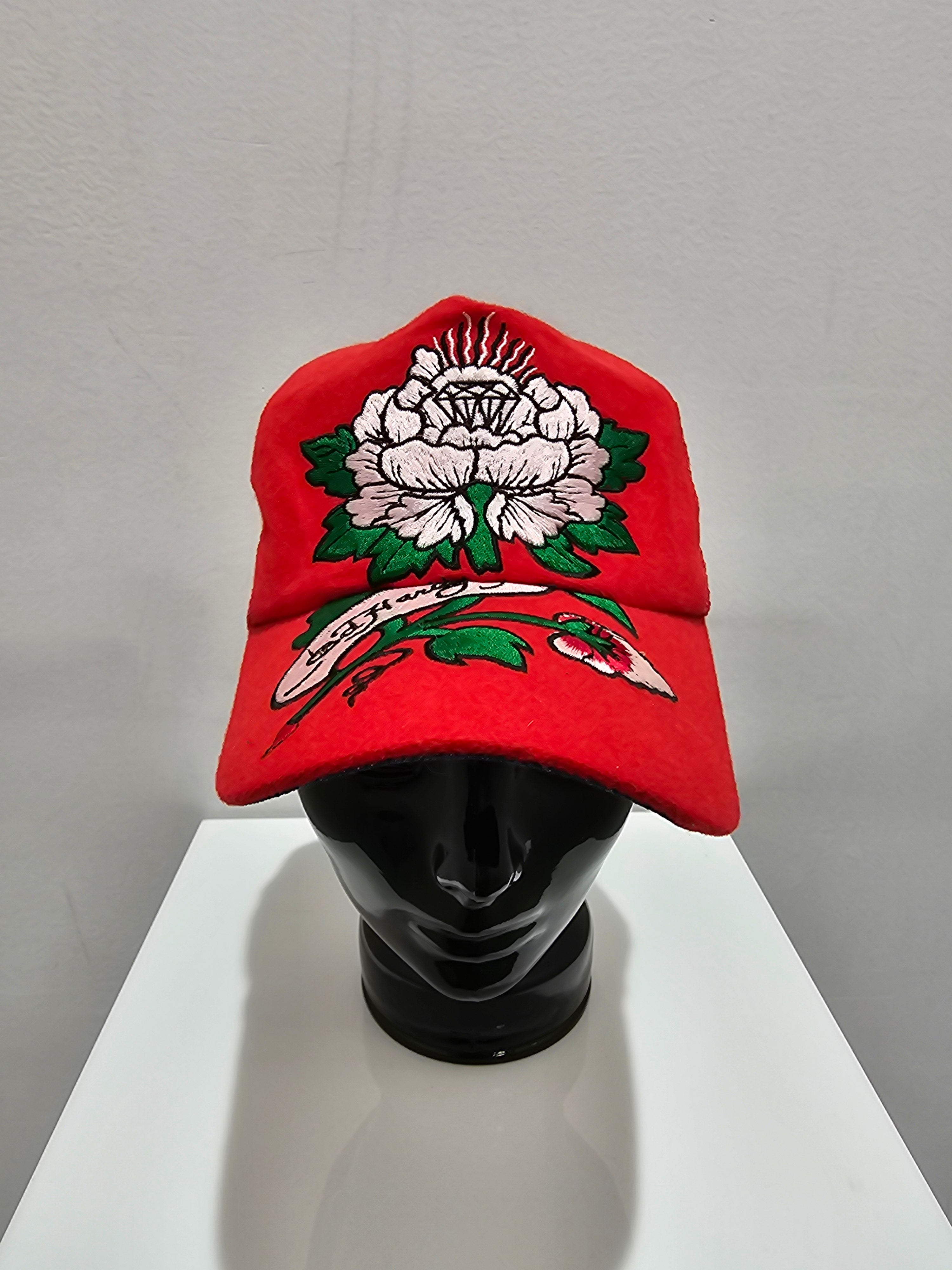 Y2k Don edhardy rose trucker red hat