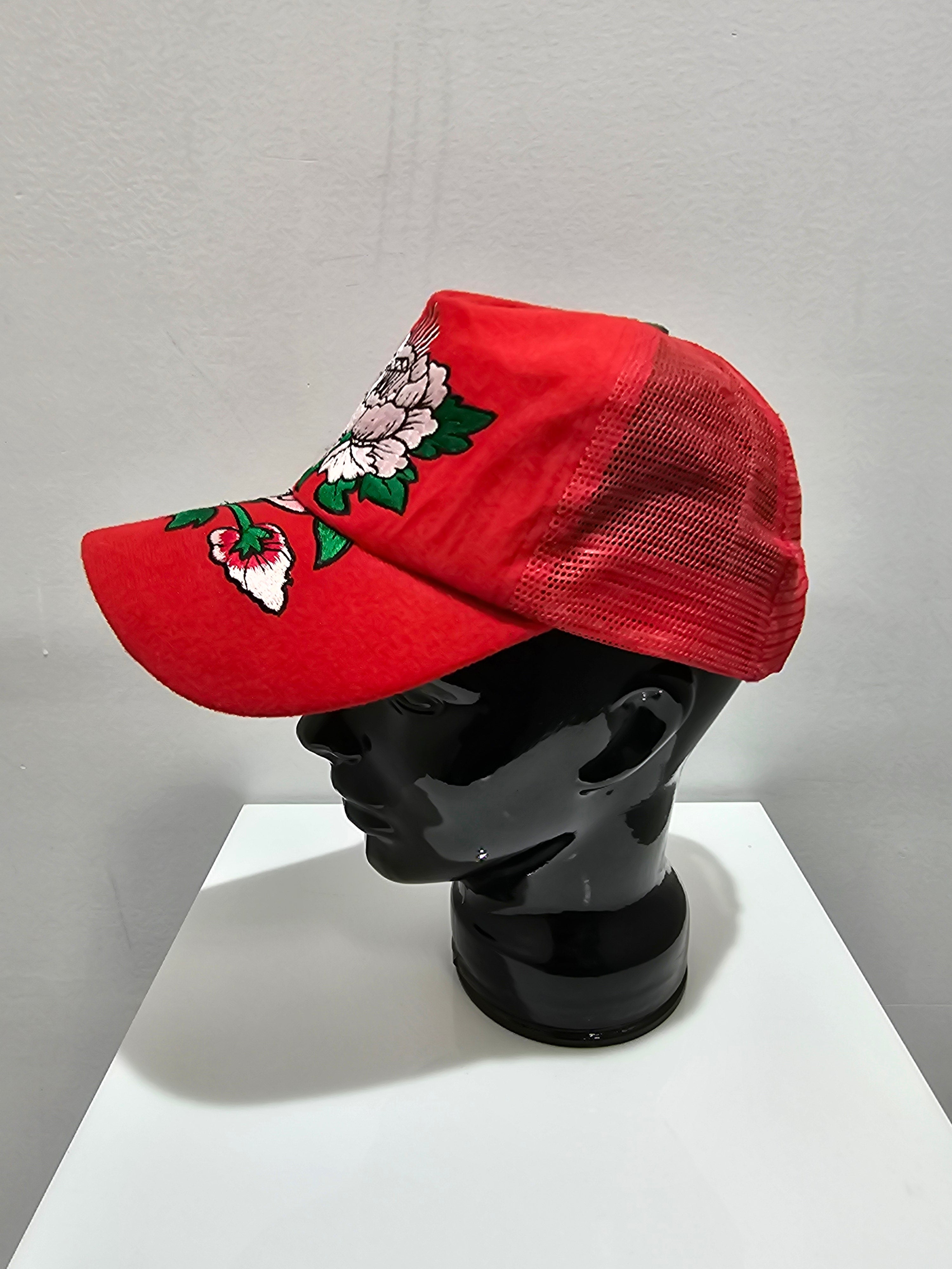 Y2k Don edhardy rose trucker red hat