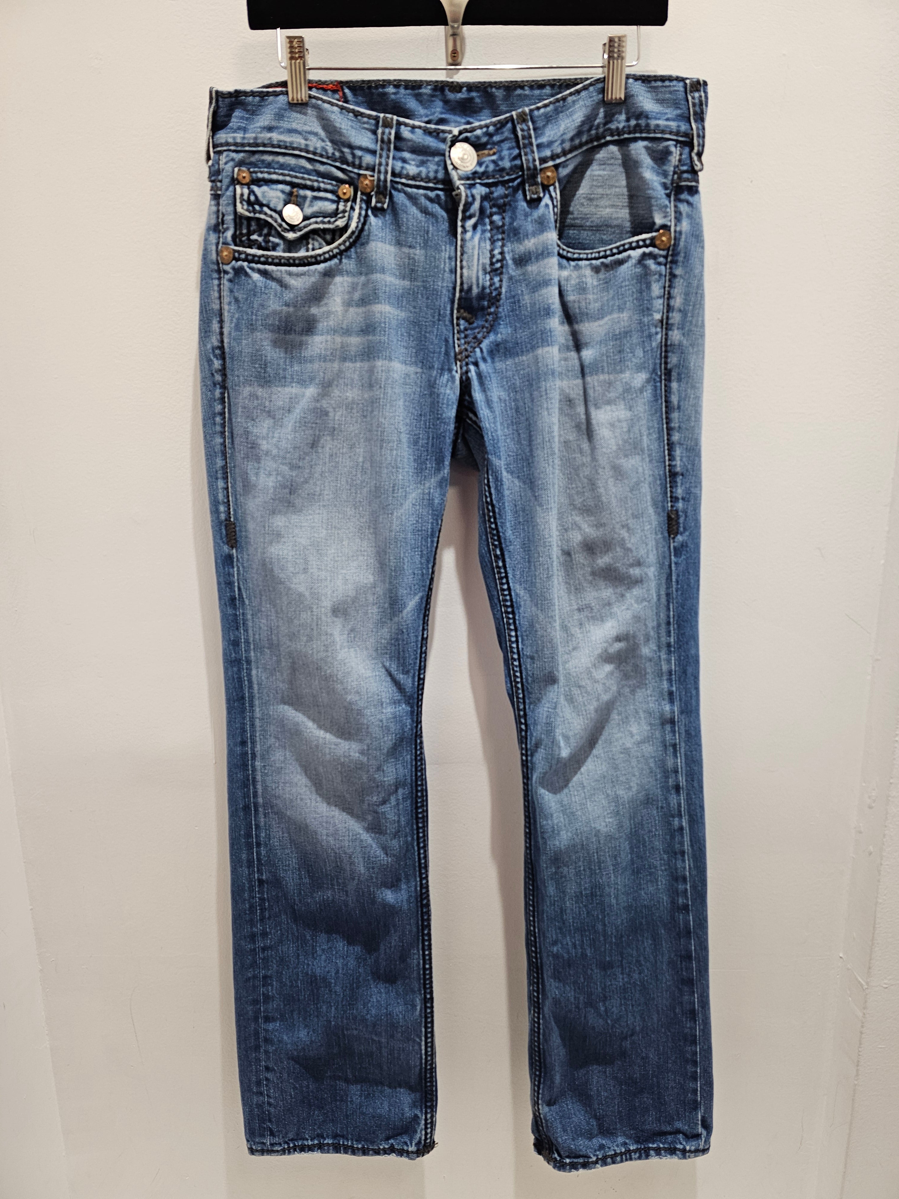 True religion ricky giant big t wash blue denim pants