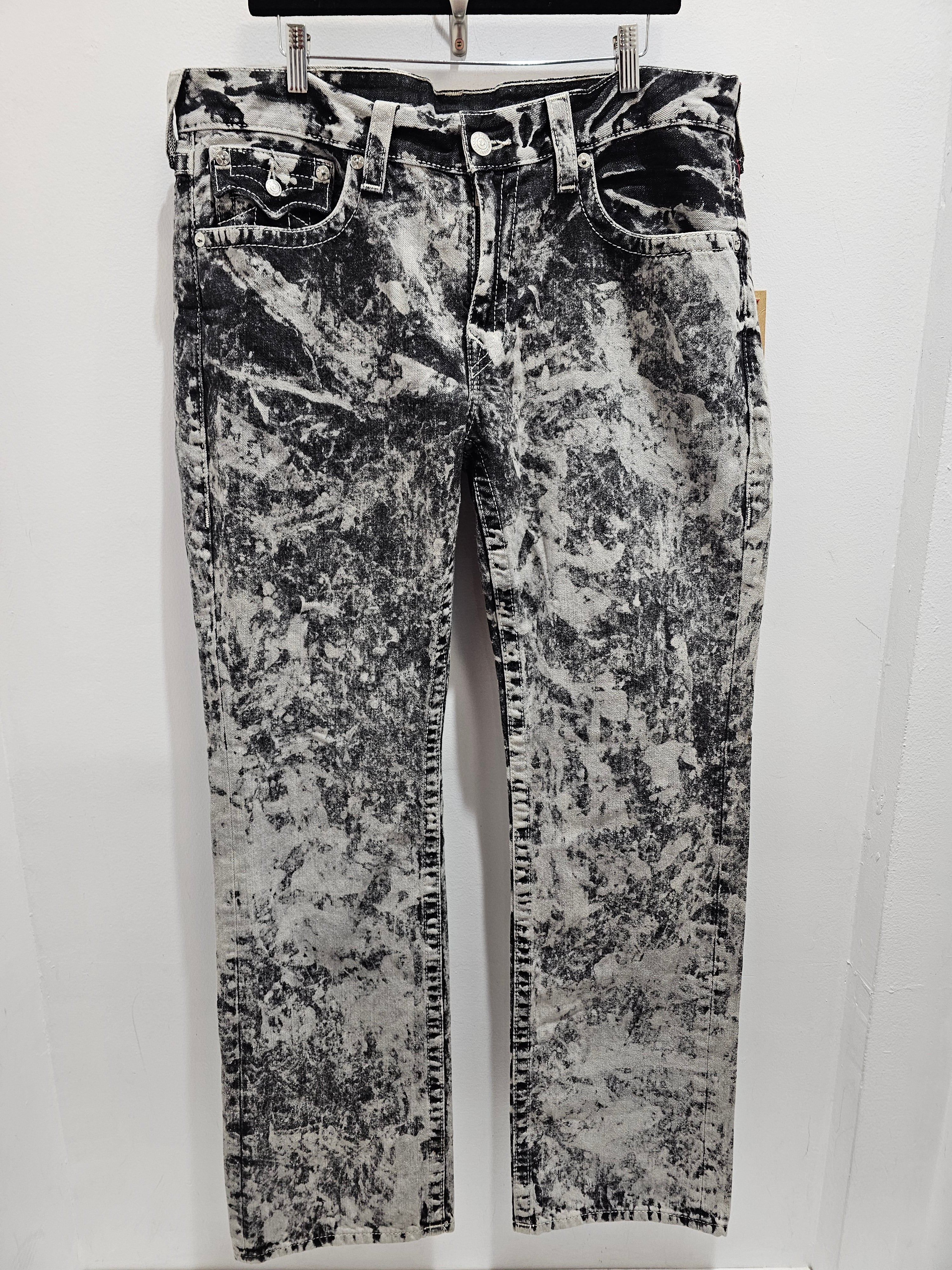 True religion black acid wash straight flap denim pants