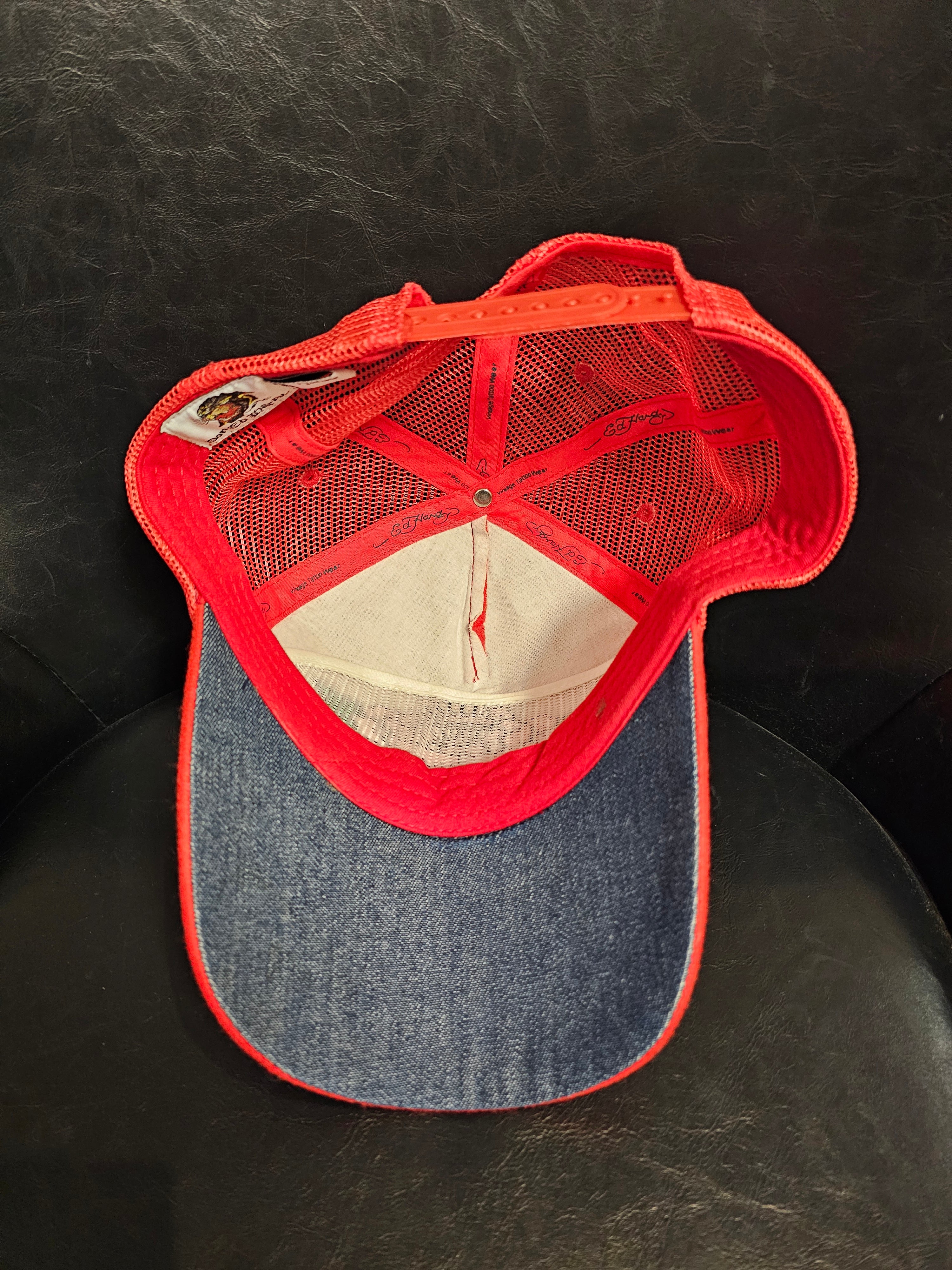 Y2k Don edhardy rose trucker red hat