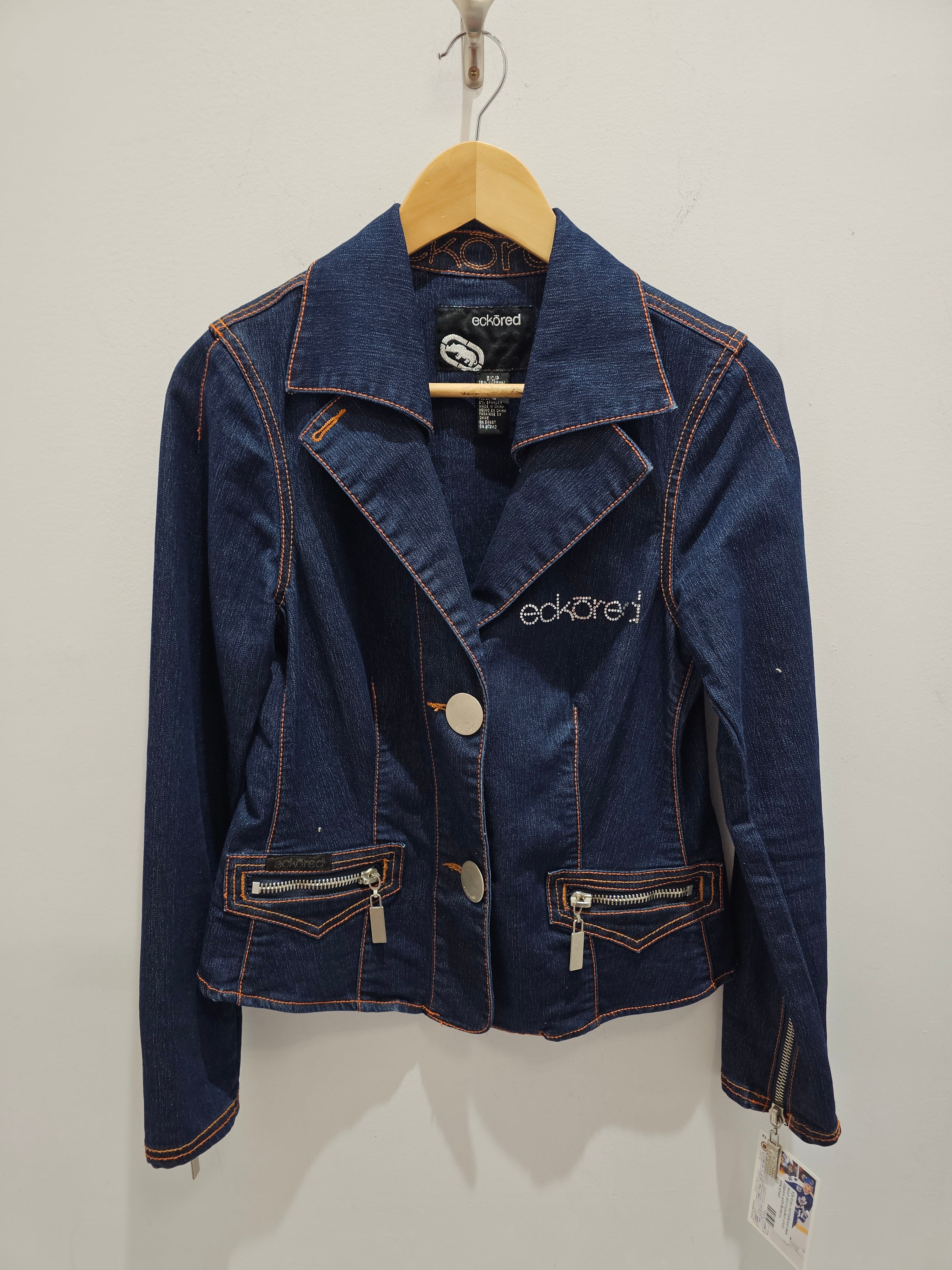 Y2k Ecko red Silverstone buttons orange stitched dark wash denim jacket