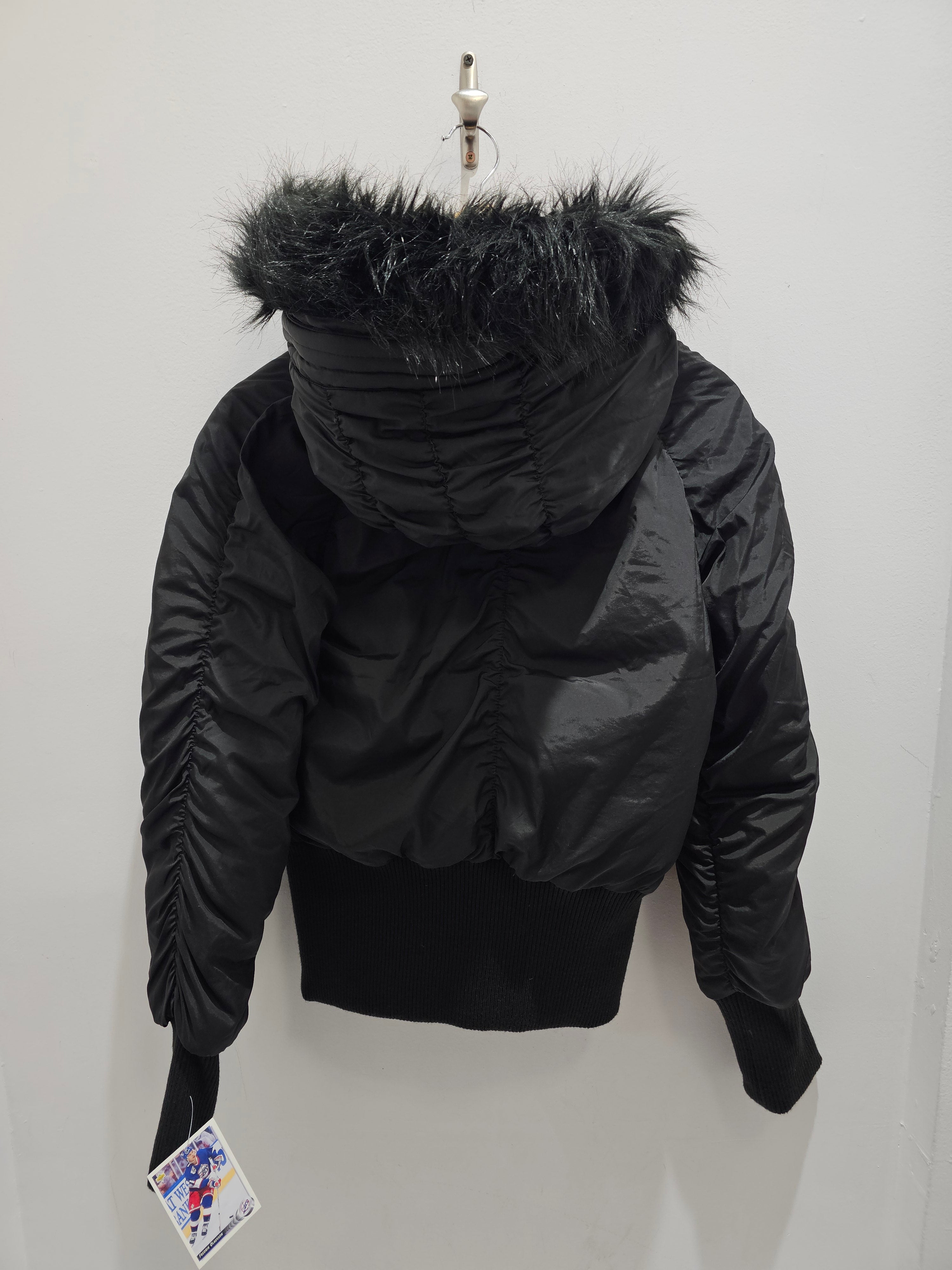 Vintage Akdmks black womens puffer bomber faux fur hood zipup jacket