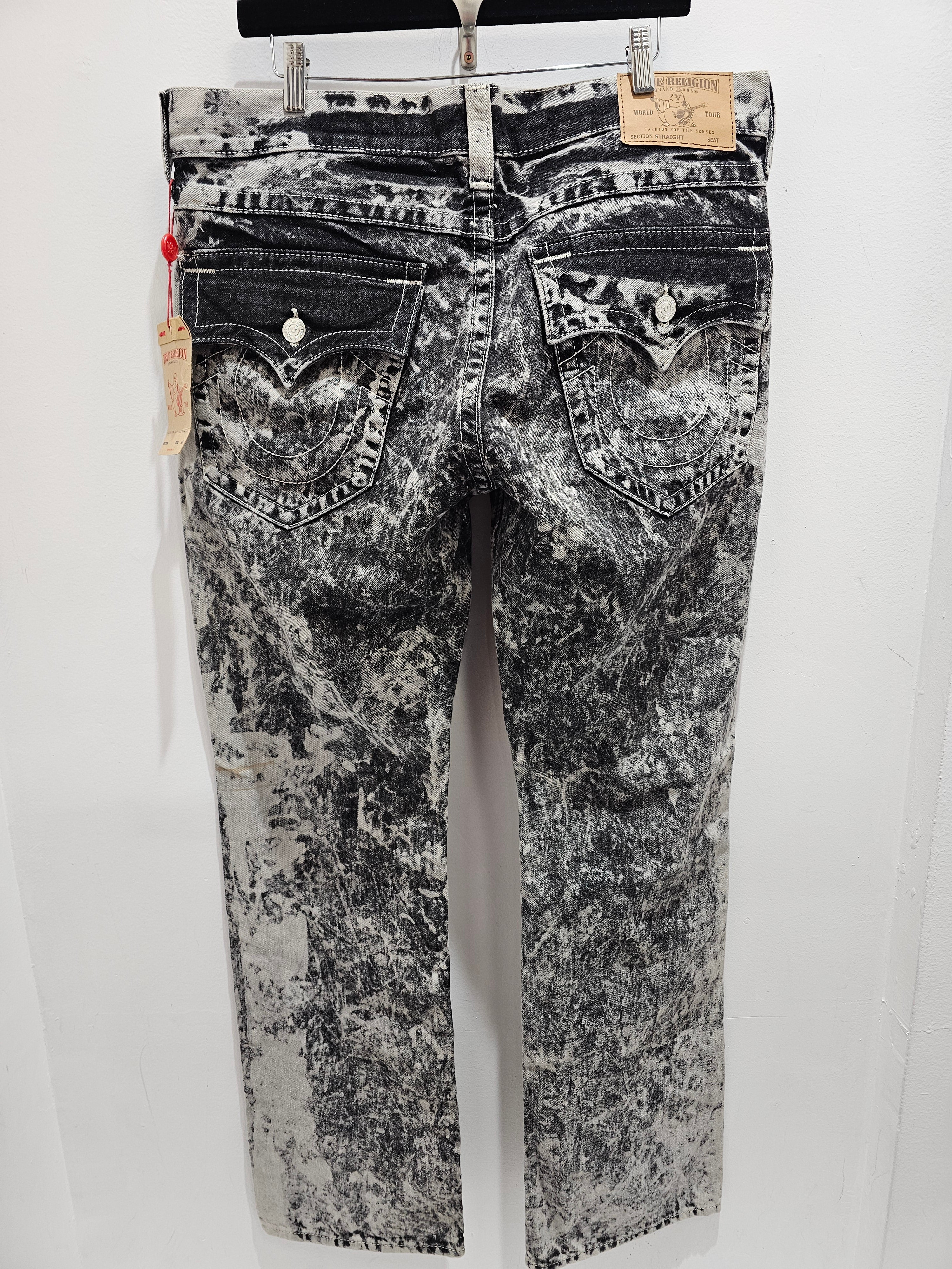 True religion black acid wash straight flap denim pants
