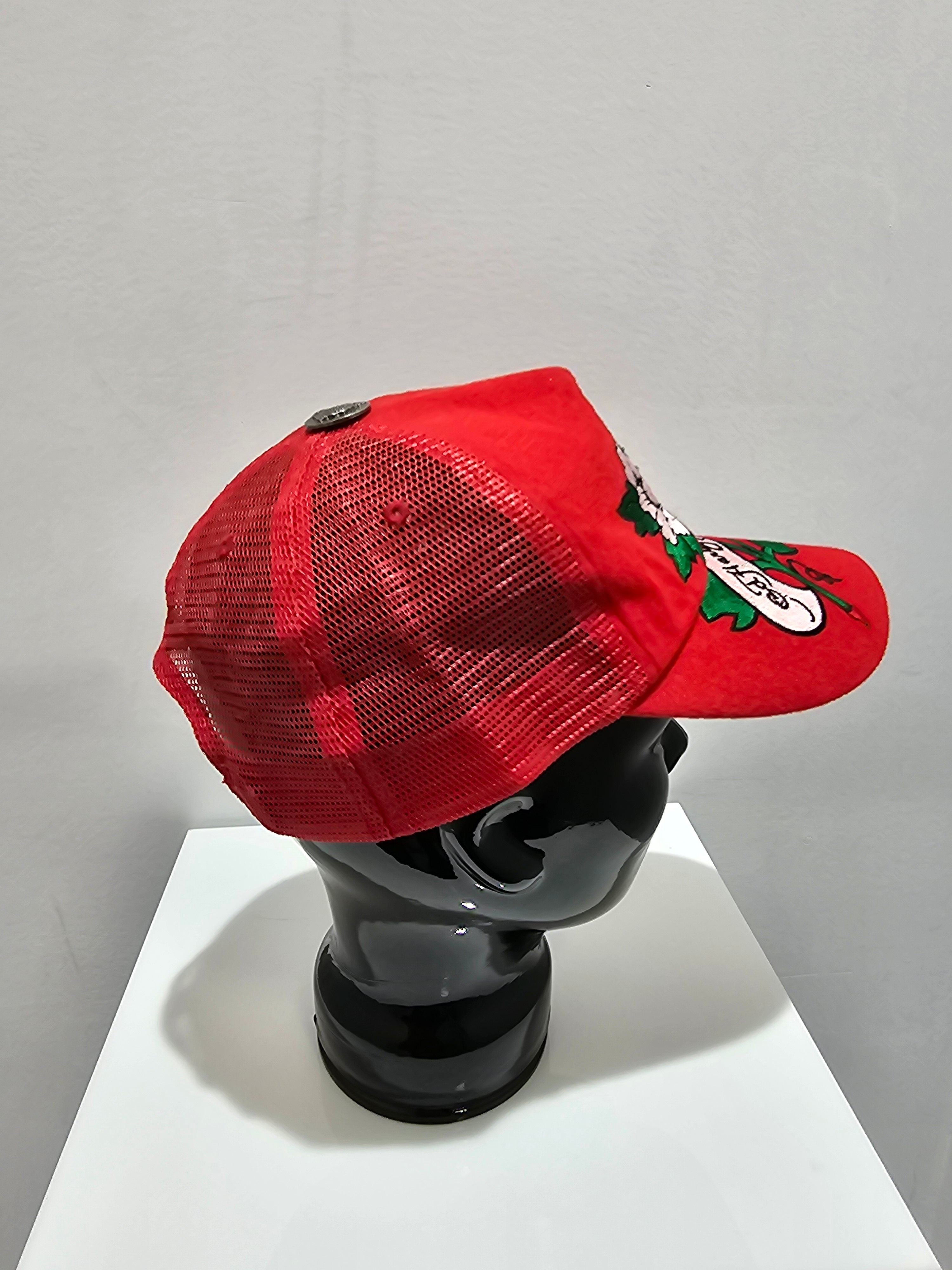 Y2k Don edhardy rose trucker red hat